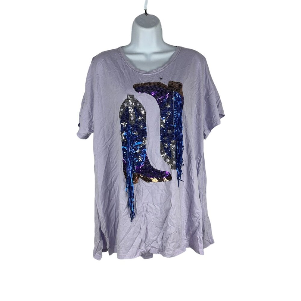 Blue B. Collection Lavender Sequin Cowboy Boot Design T-Shirt Top Size S